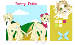 Size: 5000x3000 | Tagged: safe, artist:rosewend, oc, oc only, oc:penny fable, earth pony, pony, blonde mane, bucktooth, curly mane, high res, markings, ponysona, reference sheet, solo, white coat, yellow coat