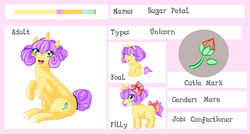 Size: 6000x3218 | Tagged: safe, artist:rosewend, oc, oc only, oc:sugar petal, pony, unicorn, absurd resolution, curly mane, purple mane, reference sheet, yellow coat