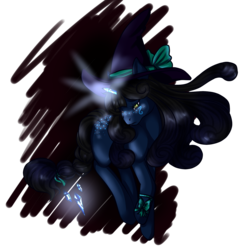 Size: 1582x1633 | Tagged: safe, artist:rosewend, oc, oc only, oc:seria, pony, unicorn, black mane, blue coat, female, magic, mare, reference, solo, witch