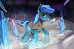 Size: 1800x1200 | Tagged: safe, artist:cattle32, oc, oc only, oc:stayent, pony, blizzard, breath, clothes, crystal, scarf, signature, snow, snowfall, solo