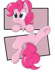 Size: 2480x3507 | Tagged: safe, artist:meowmavi, pinkie pie, earth pony, pony, g4, chest fluff, clinging, ear fluff, female, fourth wall, hanging, high res, panel play, simple background, solo, transparent background
