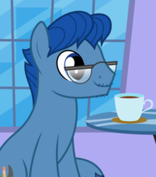 Size: 508x576 | Tagged: safe, artist:parclytaxel, leadwing, earth pony, pony, g4, animated, animated png, blue, coffee, coffee cup, cup, male, saucer, sitting, solo, table, vector, window