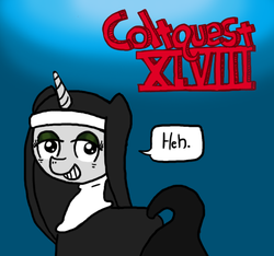 Size: 640x600 | Tagged: safe, artist:ficficponyfic, pony, unicorn, colt quest, adult, alternate universe, bags under eyes, chuckle, clothes, collar, color, eyeshadow, female, grin, horn, logo, makeup, mare, nun, recap, smiling, solo, text, title, title card, visor