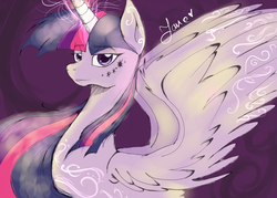 Size: 5880x4208 | Tagged: safe, artist:angelpony99, twilight sparkle, alicorn, pony, g4, absurd resolution, bust, colored pupils, female, fluffy, glowing, glowing horn, horn, large wings, lidded eyes, long mane, looking at you, magic, magic aura, makeup, older, portrait, princess of friendship, runes, slender, smiling, solo, spread wings, swanlight sparkle, thin, twilight sparkle (alicorn), wings
