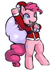 Size: 500x650 | Tagged: safe, artist:mamegoma, pinkie pie, earth pony, pony, g4, bipedal, female, hat, sack, santa hat, santa sack, solo, waving