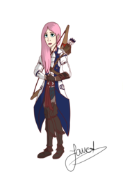 Size: 2200x3100 | Tagged: safe, artist:angelpony99, fluttershy, human, g4, assassin's creed, assassin's creed iii, clothes, connor kenway, costume, crossover, female, high res, humanized, smiling, solo