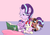 Size: 1248x883 | Tagged: safe, artist:artiecanvas, moondancer, starlight glimmer, twilight sparkle, oc, oc:radix, alicorn, pony, unicorn, g4, age regression, artiecanvas is trying to murder us, baby, baby pony, babylight sparkle, book, cushion, cute, dancerbetes, diaper, female, foal, glimmerbetes, hoof sucking, lidded eyes, mare, momlight glimmer, open mouth, poofy diaper, prone, reading, sitting, smiling, twiabetes, twilight sparkle (alicorn), underhoof