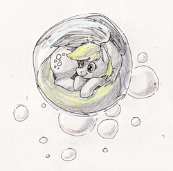 Size: 983x972 | Tagged: safe, artist:thekuto, derpy hooves, pegasus, pony, g4, bubble, female, in bubble, mare, solo, traditional art