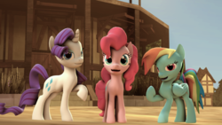 Size: 800x450 | Tagged: safe, artist:ferexes, pinkie pie, rainbow dash, rarity, g4, 3d, ponyville, raised hoof, source filmmaker