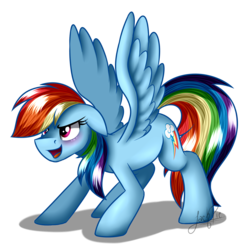 Size: 1250x1250 | Tagged: safe, artist:jack-pie, rainbow dash, pony, g4, backwards cutie mark, blushing, female, open mouth, smiling, solo, spread wings