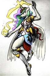 Size: 720x1095 | Tagged: safe, artist:hotkoin, princess celestia, anthro, plantigrade anthro, g4, female, magic, solo, traditional art