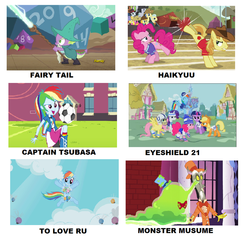 Size: 1024x981 | Tagged: safe, artist:brandonale, screencap, applejack, braeburn, discord, fluttershy, pinkie pie, rainbow dash, rarity, smooze, spike, twilight sparkle, parasprite, buckball season, dungeons and discords, equestria girls, g4, make new friends but keep discord, swarm of the century, anime, buckball, captain tsubasa, comparison chart, eyeshield 21, fairy tail, football, haikyuu, mane seven, mane six, meme, monster musume, sports, to love-ru