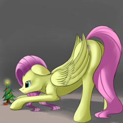 Size: 1280x1280 | Tagged: safe, artist:vell221, fluttershy, pony, g4, butt, christmas tree, face down ass up, female, looking at something, looking down, plot, solo, tree