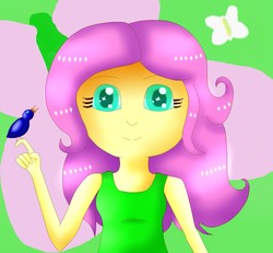 Size: 1842x1700 | Tagged: dead source, safe, artist:marydibujando, fluttershy, bird, human, g4, colored pupils, female, humanized, looking at you, smiling, solo