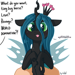 Size: 1920x1920 | Tagged: dead source, safe, artist:dsp2003, queen chrysalis, changeling, changeling queen, human, pony, g4, alternate universe, blushing, cute, cutealis, dsp2003 is trying to murder us, female, floppy ears, heart, heart eyes, holding a pony, implied fluffle puff, offscreen character, onomatopoeia, raspberry, raspberry noise, silly, style emulation, tiny ponies, tongue out, what do you want, wingding eyes