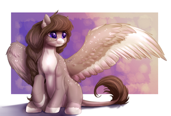 Size: 1024x698 | Tagged: safe, artist:peachmayflower, oc, oc only, pegasus, pony, art trade, blue eyes, cute, freckles, large wings, ocbetes, smiling, solo, spread wings, wings