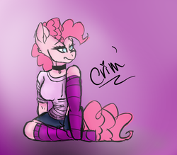 Size: 518x454 | Tagged: safe, artist:lilsweetbabycakes175, pinkie pie, earth pony, anthro, g4, breasts, busty pinkie pie, clothes, female, jewelry, necklace, shirt, skirt, skirt lift, socks, solo, striped socks