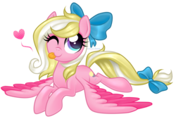 Size: 1600x1084 | Tagged: safe, artist:kaikururu, oc, oc only, oc:bay breeze, pegasus, pony, bow, heart, prone, solo, tongue out