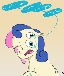 Size: 1220x1452 | Tagged: safe, artist:docwario, bon bon, sweetie drops, earth pony, pony, g4, adoracreepy, body horror, context is for the weak, creepy, cropped, crying, cute, dialogue, female, floppy ears, gradient background, nightmare fuel, nose wrinkle, not salmon, open mouth, sad, sitting, solo, speech bubble, tongue out, wat, what has science done