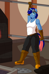 Size: 2000x3000 | Tagged: safe, artist:cainesart, oc, oc only, oc:ryo, anthro, plantigrade anthro, armpits, boots, clothes, forge, goggles, high res, solo