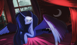 Size: 4000x2350 | Tagged: safe, artist:auroriia, pinkie pie, princess luna, g4, :<, alternate hairstyle, bed, bedroom, curved horn, cute, drapes, horn, large wings, lidded eyes, looking away, missing accessory, one eye closed, prone, silhouette, solo focus, spread wings, tired, window, wings, wink
