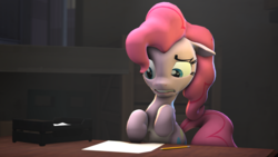 Size: 1920x1080 | Tagged: safe, artist:ferexes, pinkie pie, earth pony, pony, g4, 3d, ears back, female, paper, pencil, scared, solo, source filmmaker