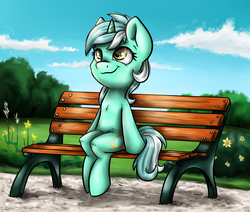 Size: 3035x2576 | Tagged: safe, artist:gaelledragons, lyra heartstrings, pony, g4, bench, cloud, female, flower, grass, high res, meme, sitting, sitting lyra, smiling, solo