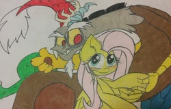 Size: 2584x1656 | Tagged: safe, artist:wickedhex, discord, fluttershy, g4, male, ship:discoshy, shipping, straight, traditional art