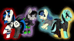 Size: 2700x1500 | Tagged: safe, artist:drippykitty, bon bon, dj pon-3, lyra heartstrings, octavia melody, sweetie drops, vinyl scratch, g4, alternate hairstyle, bracelet, clothes, dress, dyed mane, ear piercing, earring, eyeliner, fishnet stockings, goth, hair dye, jacket, jewelry, leather jacket, lip piercing, makeup, mane dye, necklace, necktie, one eye closed, piercing, running makeup, skirt, socks, spiked wristband, stockings, tank top, tattoo, tongue out, tongue piercing, wristband