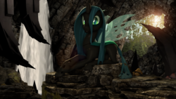 Size: 4000x2250 | Tagged: safe, artist:redaceofspades, queen chrysalis, changeling, changeling queen, g4, 3d, cave, female, prone, solo, source filmmaker, waterfall
