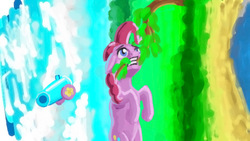 Size: 960x540 | Tagged: safe, artist:sa1ntmax, pinkie pie, earth pony, pony, tabun art-battle, g4, female, party cannon, sideways, solo