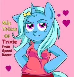 Size: 1973x2048 | Tagged: safe, artist:pinkamena-chan, trixie, anthro, g4, arm hooves, crossover, female, heart, namesake, pun, solo, speed racer, visual pun