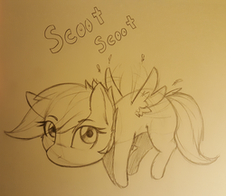 Size: 1280x1112 | Tagged: safe, artist:captainpudgemuffin, scootaloo, pegasus, pony, g4, cute, cutealoo, explicit source, female, filly, fluffy, flying, monochrome, smol, solo, traditional art