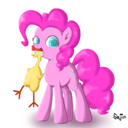 Size: 768x768 | Tagged: safe, artist:mizore43, pinkie pie, earth pony, pony, g4, female, mouth hold, rubber chicken, simple background, solo, white background