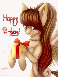 Size: 1024x1370 | Tagged: safe, artist:coralinatoilly, oc, oc only, pony, happy birthday, piercing, present, simple background, solo, white background