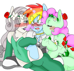 Size: 1689x1608 | Tagged: safe, artist:blackbewhite2k7, fluttershy, pinkie pie, rainbow dash, pony, g4, blushing, bruce wayne, crossover, female, flora beast, flutterdashpie, harley quinn, kissing, lesbian, mind control, pheromones, poison ivy, polyamory, ship:flutterdash, ship:pinkiedash, trio