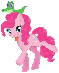 Size: 967x1195 | Tagged: dead source, safe, artist:emypony, gummy, pinkie pie, alligator, earth pony, pony, g4, cute, diapinkes, raspberry noise, silly, silly pony, simple background, tongue out, transparent background