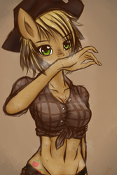 Size: 2000x3000 | Tagged: safe, artist:ixtour, applejack, earth pony, anthro, g4, alternate hairstyle, belly button, female, front knot midriff, high res, midriff, short hair, simple background, solo, sweat