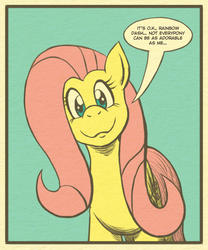 Size: 637x764 | Tagged: safe, artist:regularmouseboy, fluttershy, pony, g4, comic, cute, female, looking at you, old school, retro, simple background, solo, speech bubble, vintage