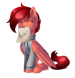 Size: 2478x2563 | Tagged: safe, artist:scarlet-spectrum, oc, oc only, pegasus, pony, clothes, cute, eyes closed, female, high res, mare, mouth hold, sign, simple background, solo, sweater, transparent background