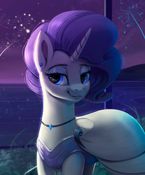 Size: 826x1000 | Tagged: safe, artist:rodrigues404, rarity, pony, unicorn, g4, alternate hairstyle, beautiful, clothes, dress, ear piercing, earring, female, fireworks, jewelry, looking at you, mare, night, piercing, smiling, solo, stars