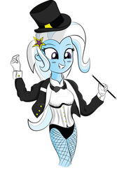 Size: 1024x1531 | Tagged: safe, artist:scootaluu, trixie, equestria girls, g4, bowtie, clothes, corset, deviantart watermark, female, fishnet stockings, hat, leotard, magician outfit, obtrusive watermark, solo, top hat, watermark