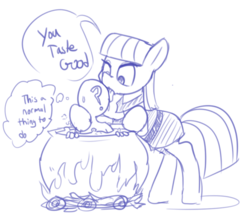 Size: 702x610 | Tagged: source needed, safe, artist:shrabby, maud pie, oc, oc:anon, human, pony, g4, cauldron, cooked alive, cooking, cooking vore, dialogue, drool, female, fetish, fire, imminent vore, implied vore, licking, mare, person as food, ponies eating humans, sketch, tongue out