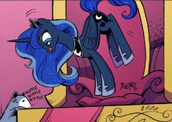 Size: 915x648 | Tagged: safe, artist:andy price, idw, princess luna, tiberius, pony, g4, micro-series #10, my little pony micro-series, :q, bouncing, cute, licking, licking lips, lunabetes, majestic as fuck, pronking, smiling, sniffing, throne, tongue out