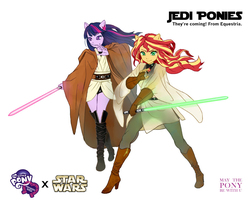Size: 1020x842 | Tagged: safe, artist:m.y., sunset shimmer, twilight sparkle, equestria girls, g4, crossover, duo, jedi, lightsaber, pixiv, ponied up, star wars, the force, weapon