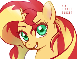 Size: 842x652 | Tagged: safe, artist:m.y., sunset shimmer, pony, unicorn, g4, bust, female, looking at you, pixiv, portrait, raised eyebrow, simple background, smiling, solo, white background