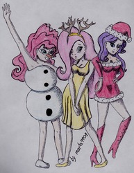 Size: 928x1200 | Tagged: safe, artist:marta4708, fluttershy, pinkie pie, rarity, human, g4, antlers, armpits, clothes, costume, dress, hat, humanized, reindeer antlers, santa costume, santa hat, snowman, traditional art