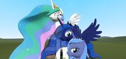 Size: 1280x600 | Tagged: safe, artist:ouranoscaelus, princess celestia, princess luna, g4, 3d, gmod, macro, s1 luna, self ponidox