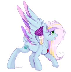 Size: 504x516 | Tagged: safe, artist:clefficia, oc, oc only, oc:cloud cake, pegasus, pony, bow, colored wings, female, hair bow, looking up, mare, multicolored wings, open mouth, solo, spread wings