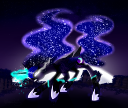 Size: 2600x2200 | Tagged: safe, artist:minelvi, nightmare moon, princess luna, alicorn, pony, g4, angry, female, galaxy mane, glowing horn, high res, hoof shoes, horn, jewelry, magic, mare, moon, night, outdoors, raised hoof, solo, sombra eyes, tiara, transformation